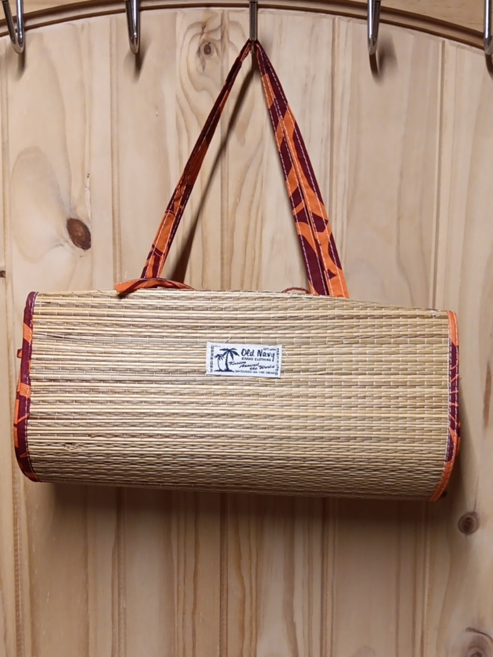 Old Navy Orange & Burgundy Woven Roll-Up Straw Beach Mat